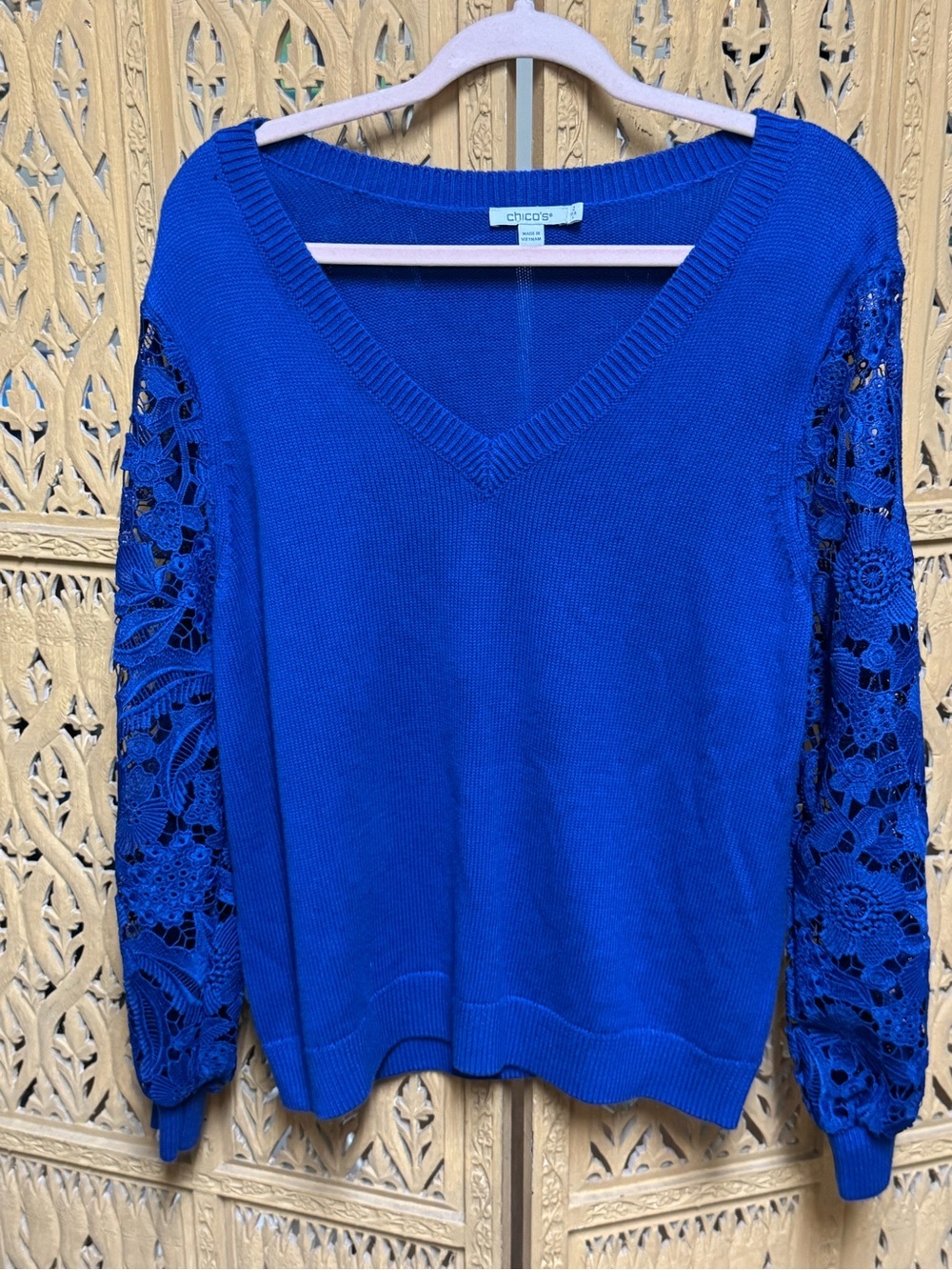 Chico's Lace Sleeve Cobalt Blue V-Neck Sweater Casual Office Versatile